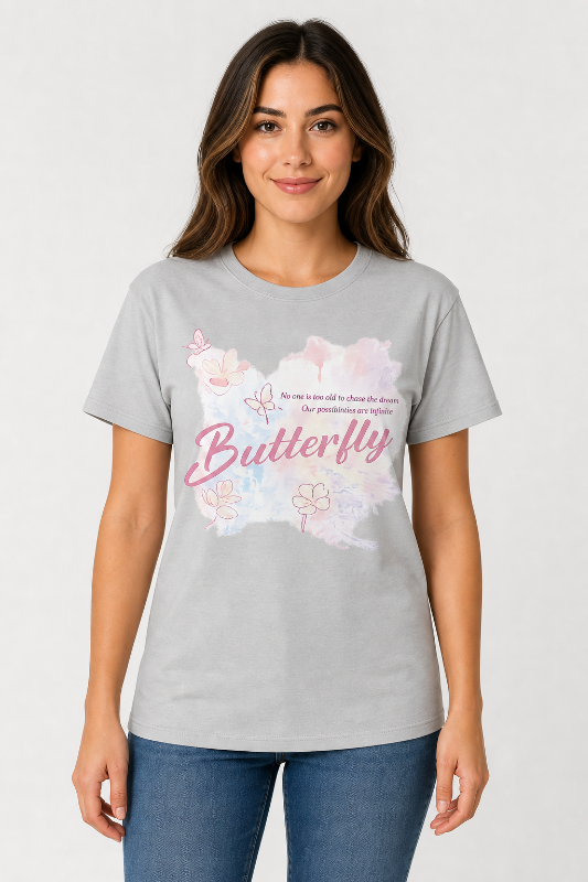 Model wearing a gray butterfly T-shirt generated in Kittl