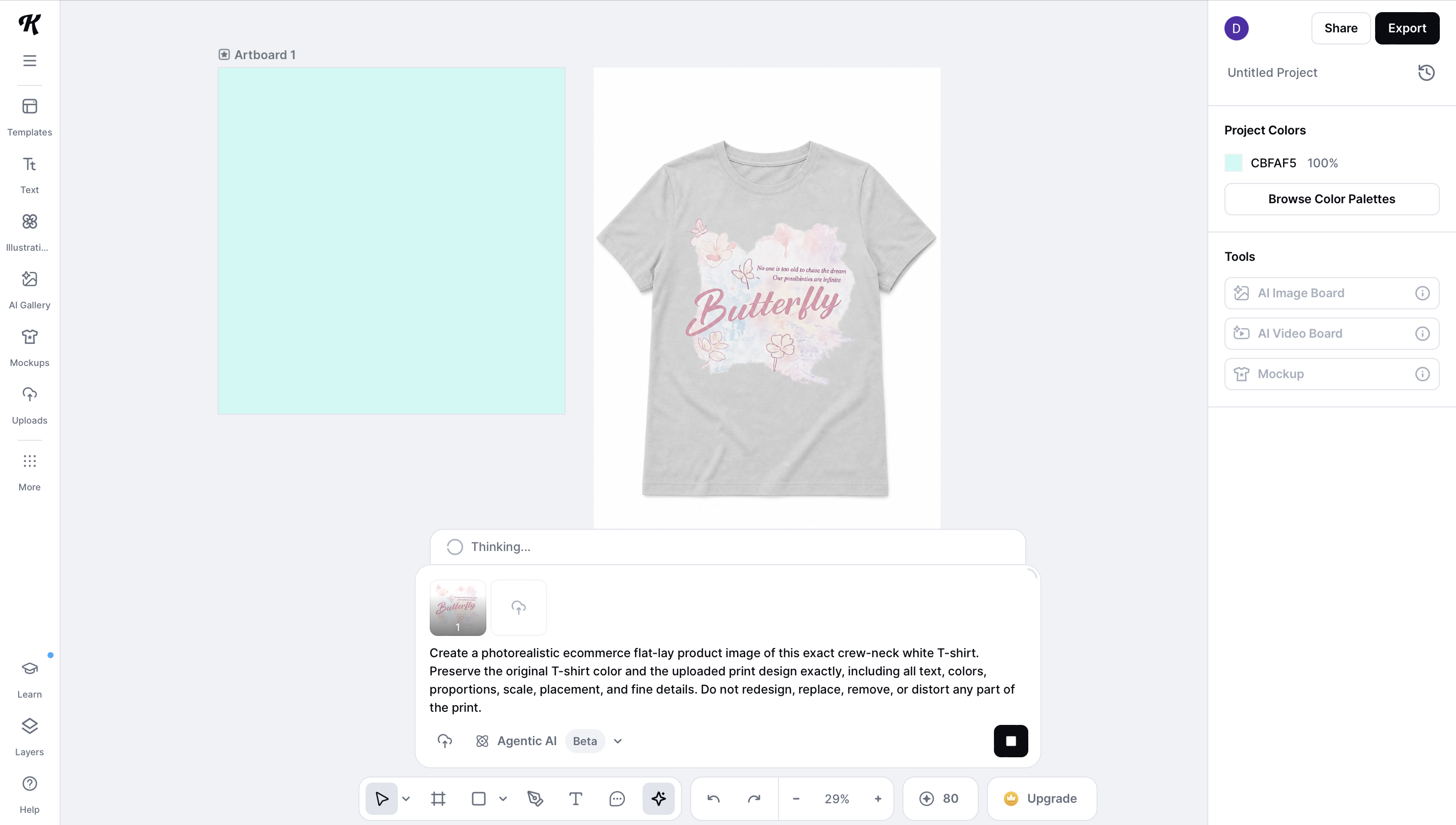 Kittl agent workspace showing the butterfly T-shirt mockup and generation prompt
