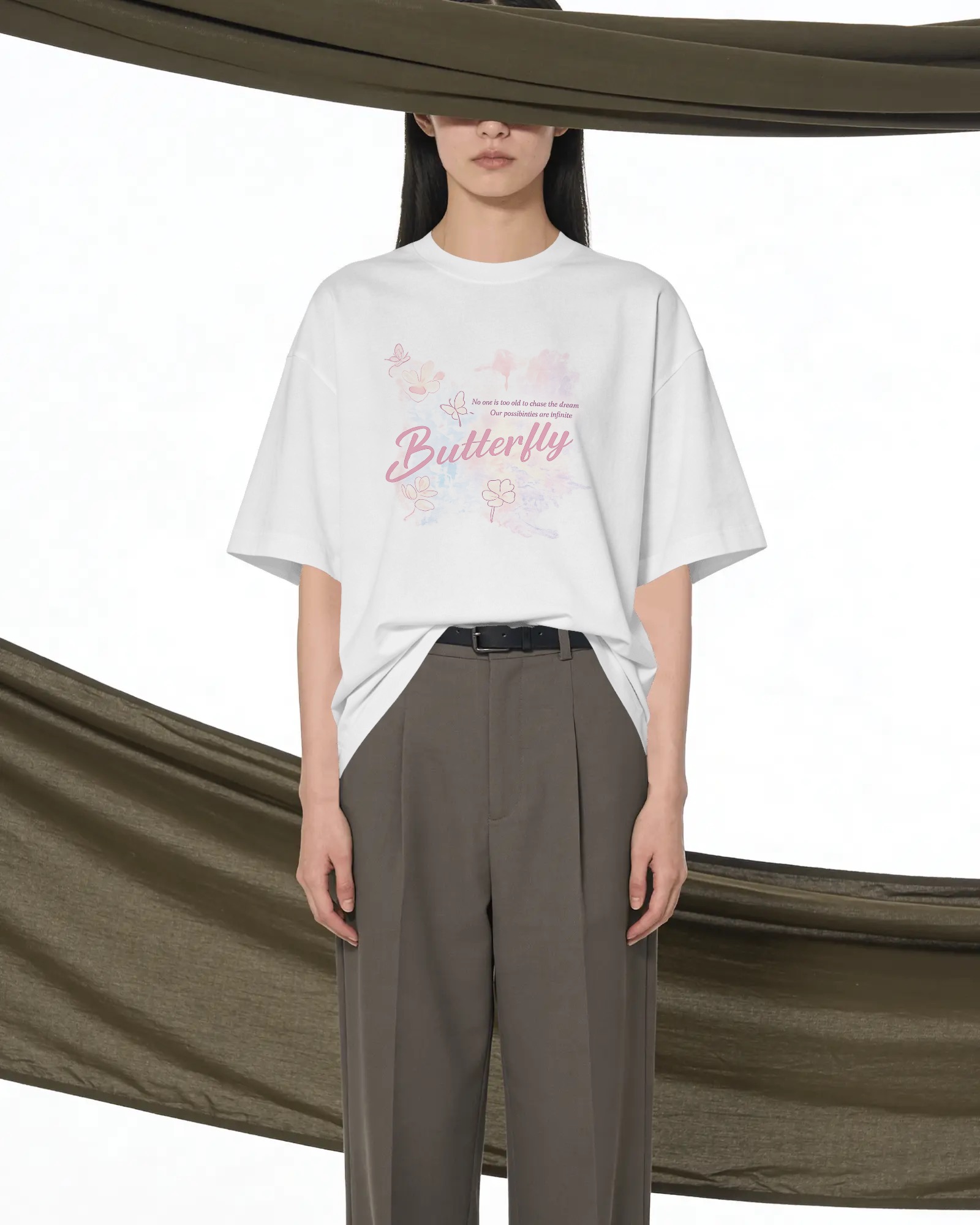 Model wearing the white butterfly T-shirt in a Mockey AI template