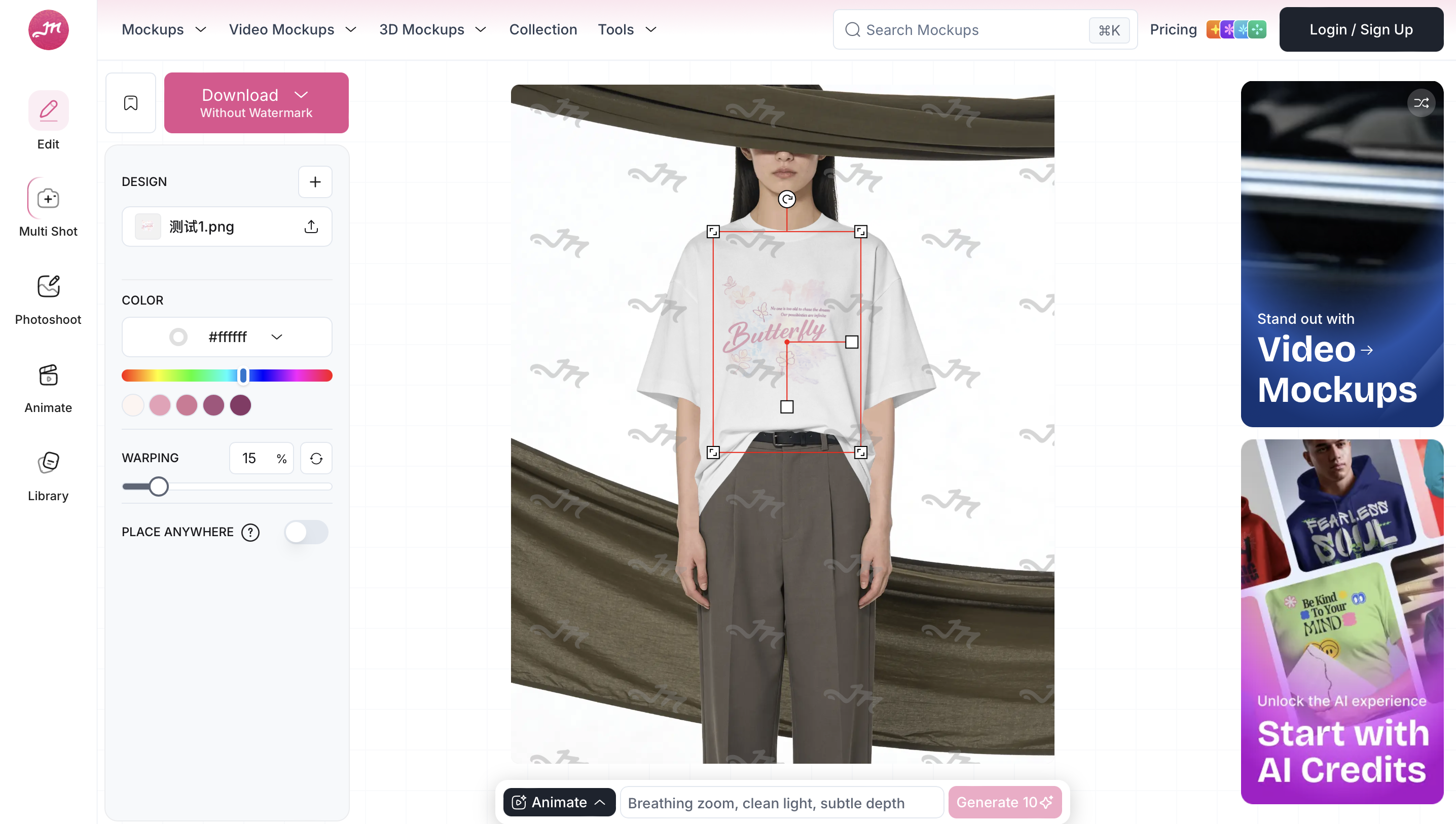 Mockey AI editor showing print placement, garment color, and warping controls