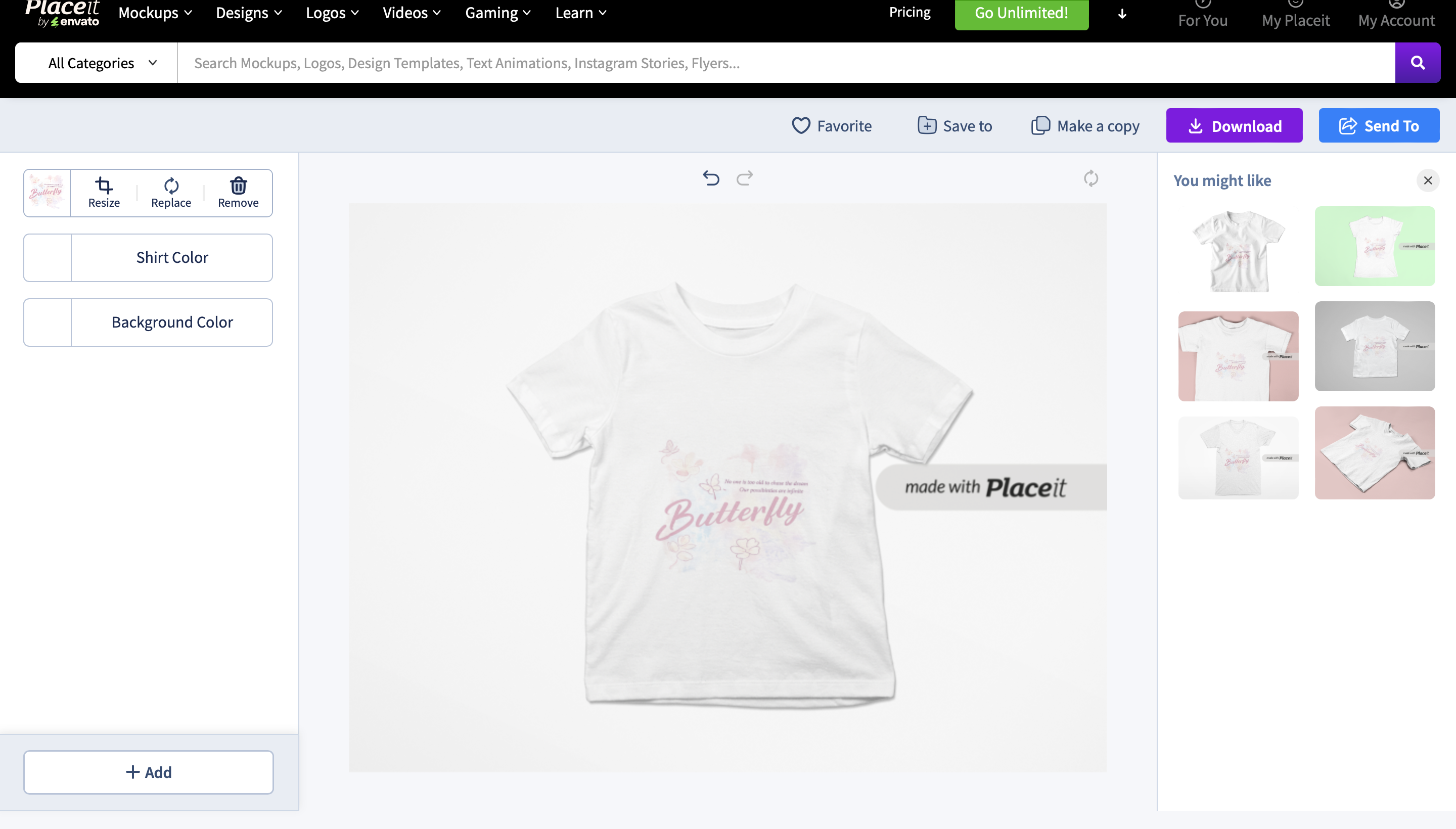Placeit mockup editor showing the butterfly print and shirt color controls