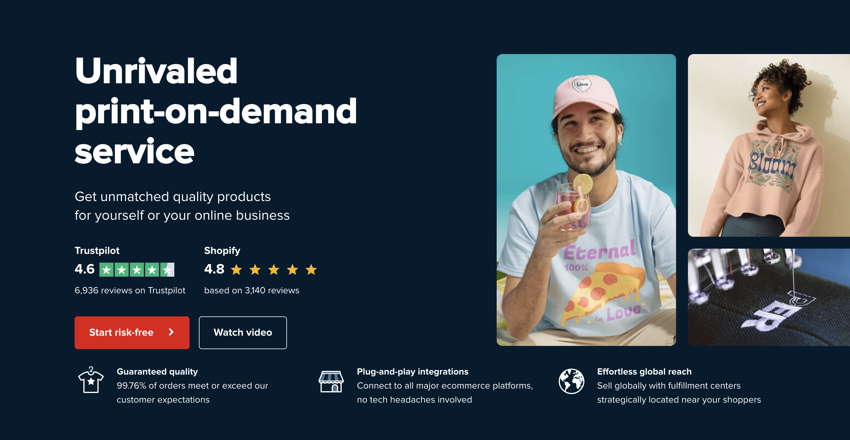 Printful built-in mockup generator interface — apparel category sidebar, design placement controls with print-area guides, center preview pane showing the design on the actual Printful catalog blank, plus the lifestyle background gallery (around 100 fixed scenes) on the right for basic lifestyle output