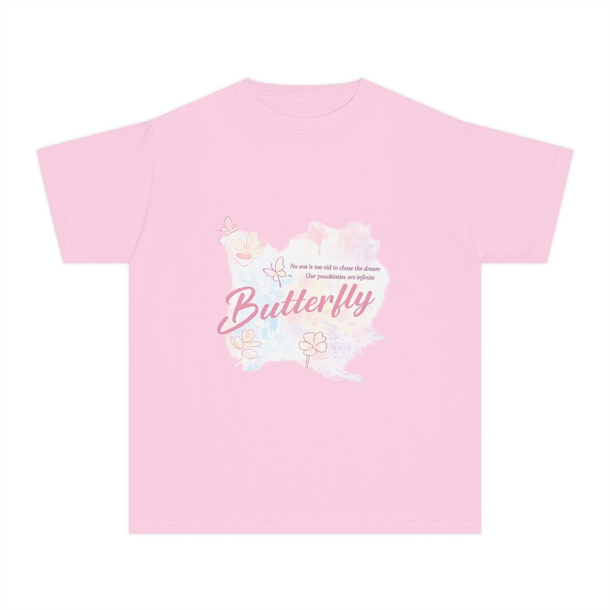 Pink butterfly T-shirt catalog mockup generated in Printify