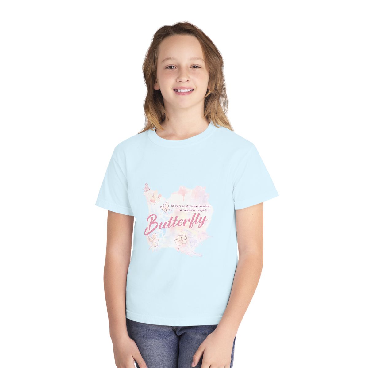 Printify model mockup showing a child wearing the butterfly T-shirt