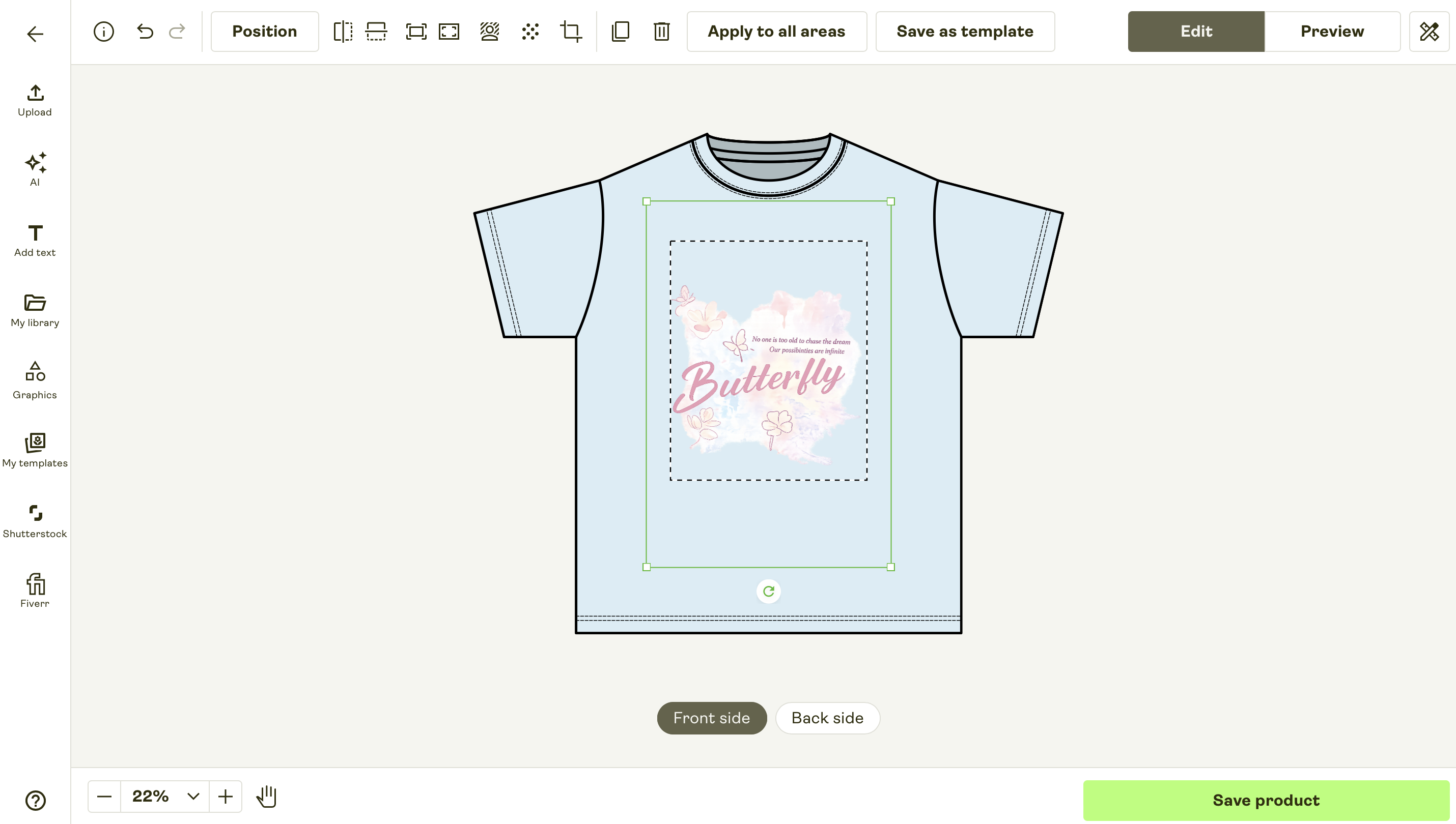 Printify product editor showing the uploaded butterfly design on a catalog T-shirt blank
