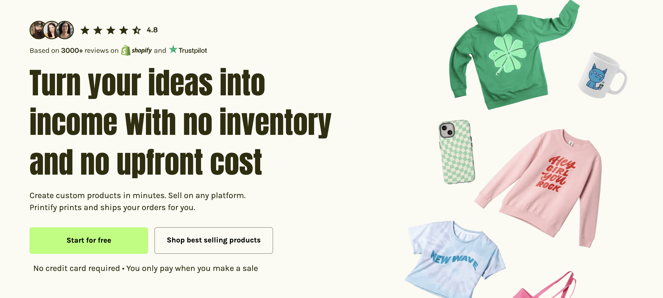 Printify built-in mockup generator interface — left panel for design upload and print-position adjustment, center preview pane showing the design rendered on the actual Printify catalog blank tee, right sidebar with color variant swatches for one-click colorway preview