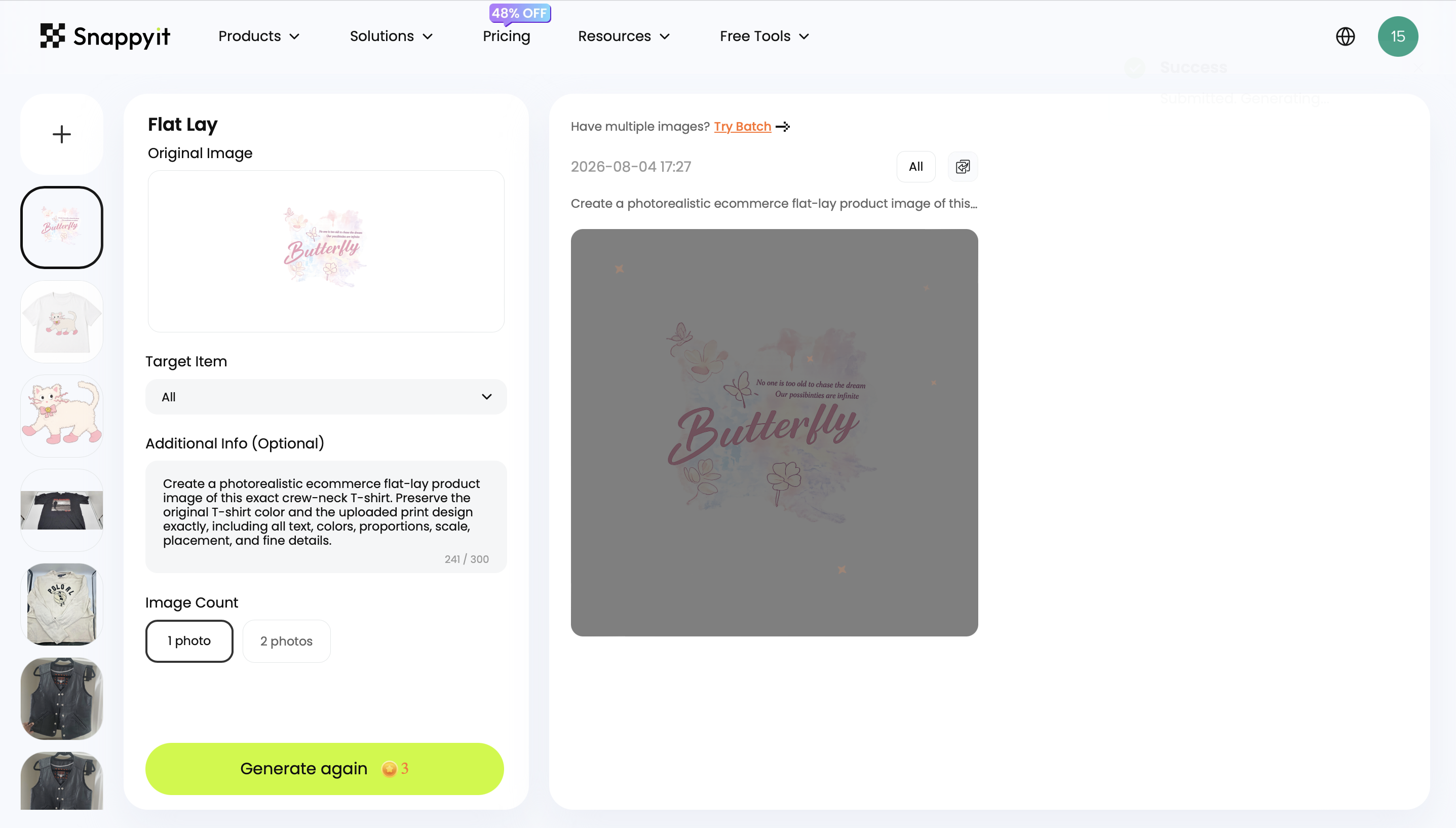 Snappyit Flat Lay interface used to generate the T-shirt product image from the uploaded print