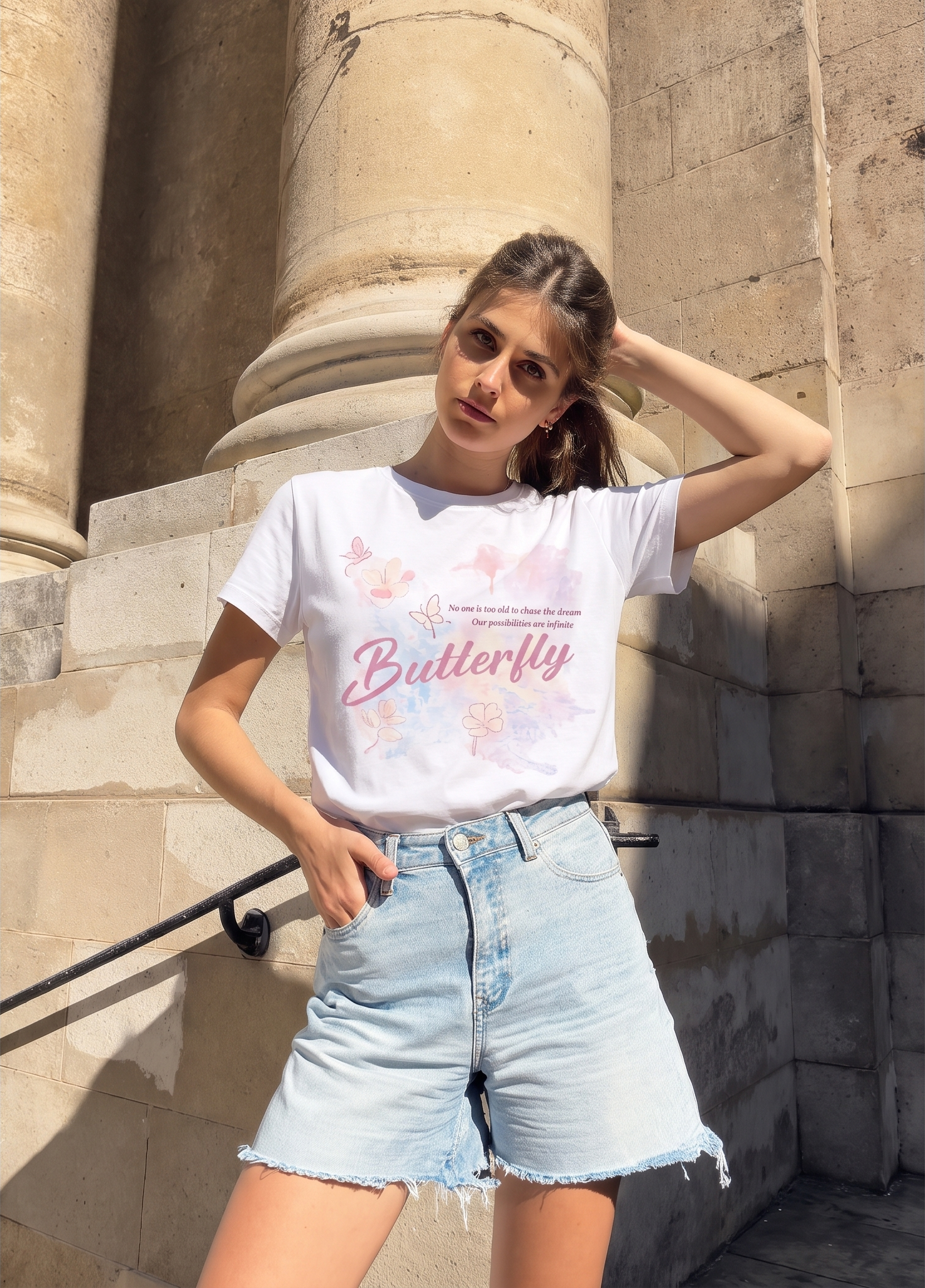 Female model wearing the butterfly T-shirt in an outdoor lifestyle image generated by Snappyit