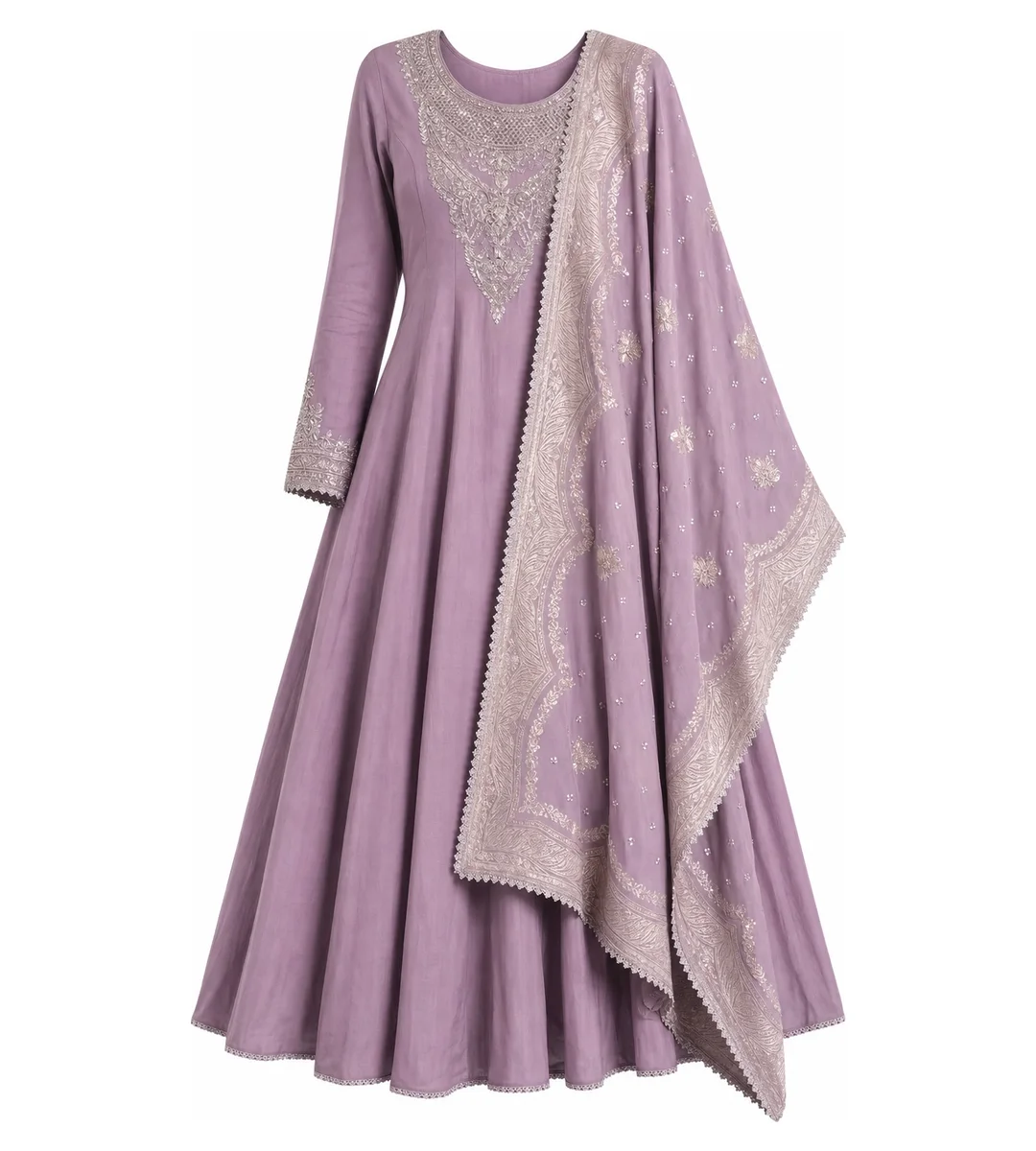 Embroidered purple anarkali generated with a worn shape