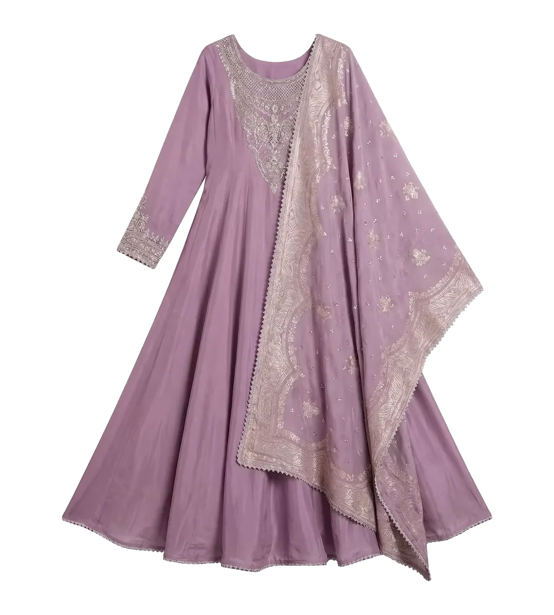 Embroidered purple anarkali with a sheer dupatta photographed flat