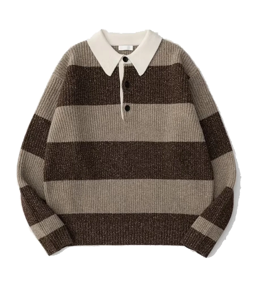 Striped chunky knit polo sweater photographed flat