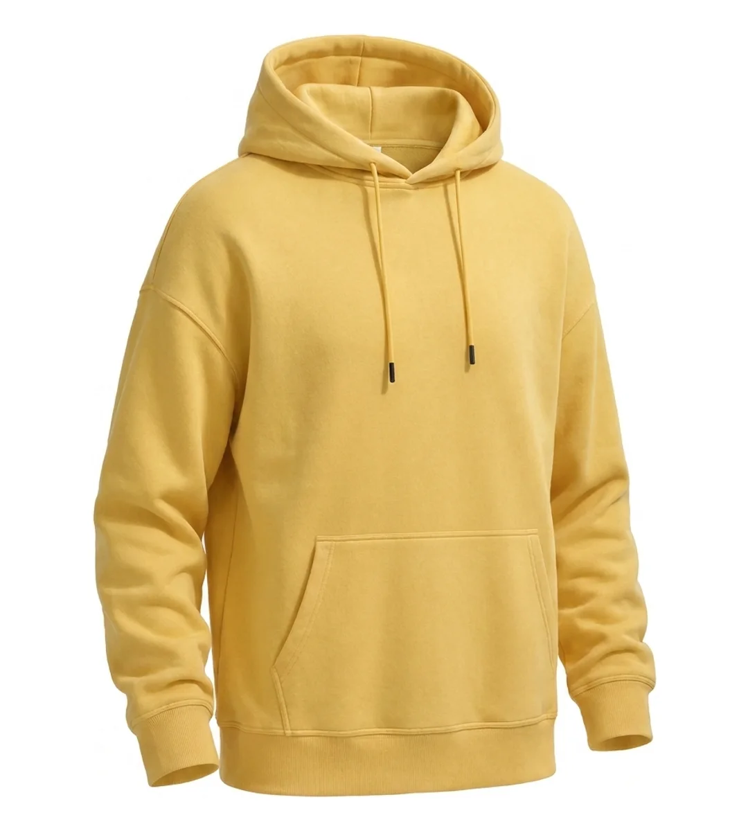 Yellow hoodie generated as a three-quarter ghost mannequin image