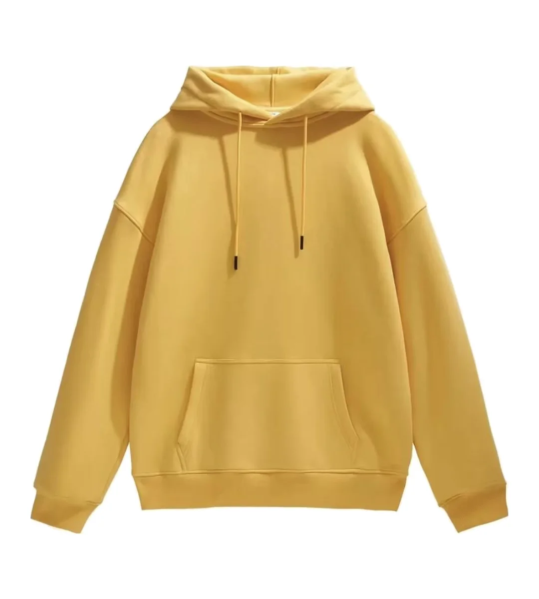 Yellow hoodie photographed as a straight-on flat lay