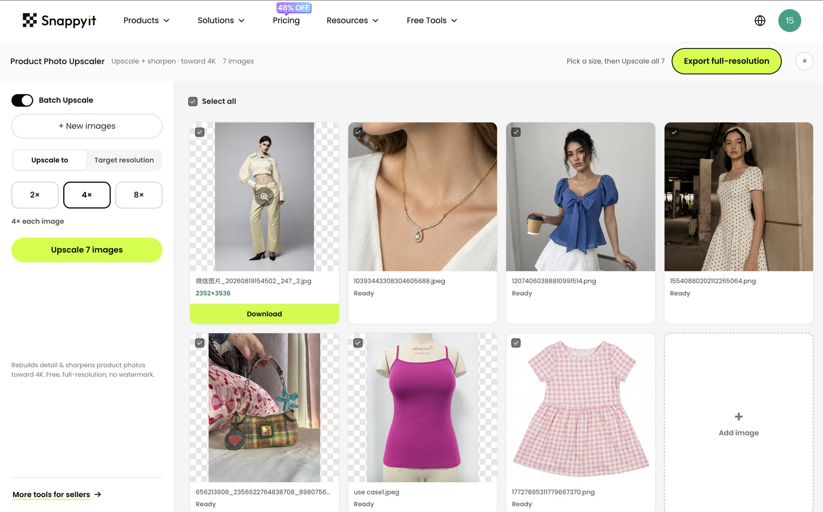 Snappyit Batch Upscale interface with seven catalog images selected