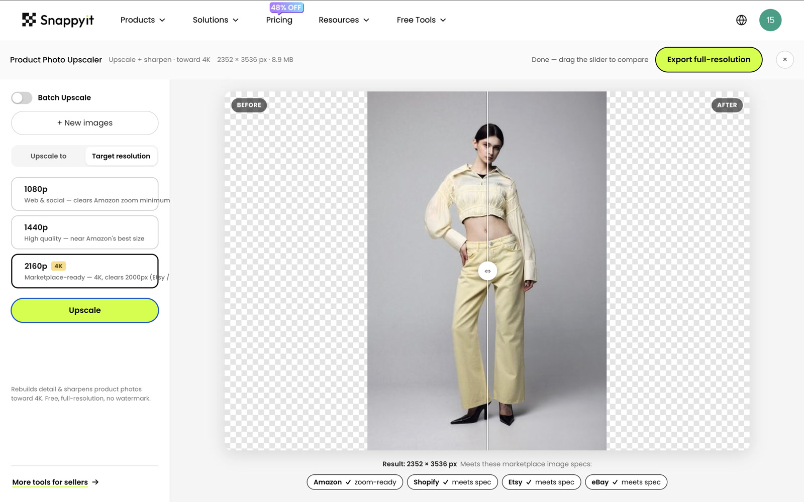 Snappyit Product Photo Upscaler interface showing target resolution and before-and-after comparison