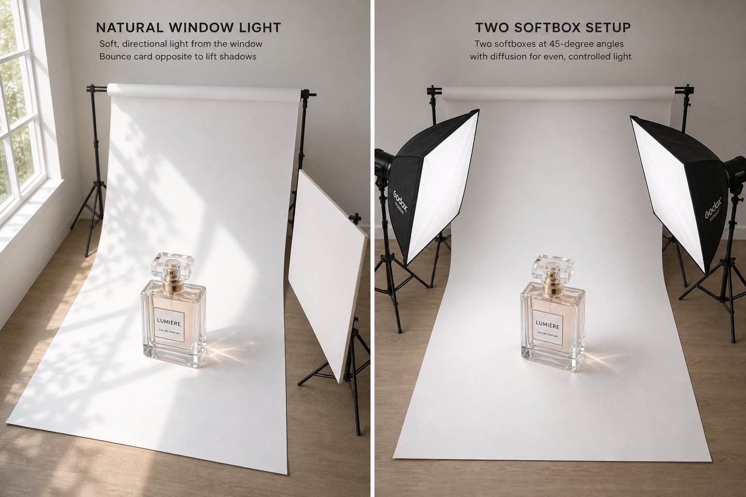 Natural window lighting versus artificial softbox setup for product photography