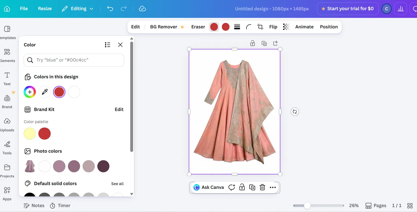 Canva Color panel showing the hex search field, Photo colors swatches sampled from the uploaded dress, and the Brand Kit palette used to substitute the target red