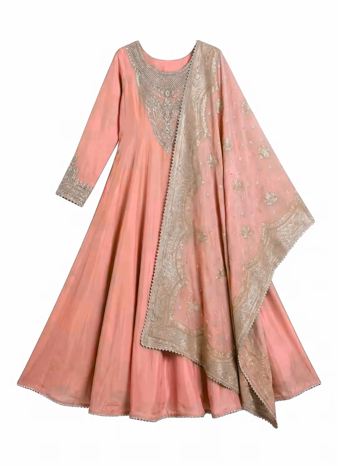 Canva output — the anarkali dress rendered in coral pink instead of the requested red C23535, with the gold embroidery left untouched and uneven tonal patches across the skirt