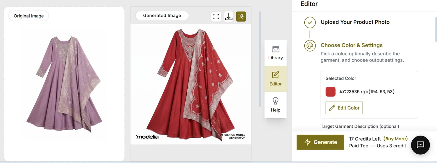 Modelia Editor — original lavender anarkali beside the red generated image, with selected color #C23535 rgb(194,53,53), an optional garment description field, and a Generate button reading Paid Tool uses 3 credit with 17 credits left