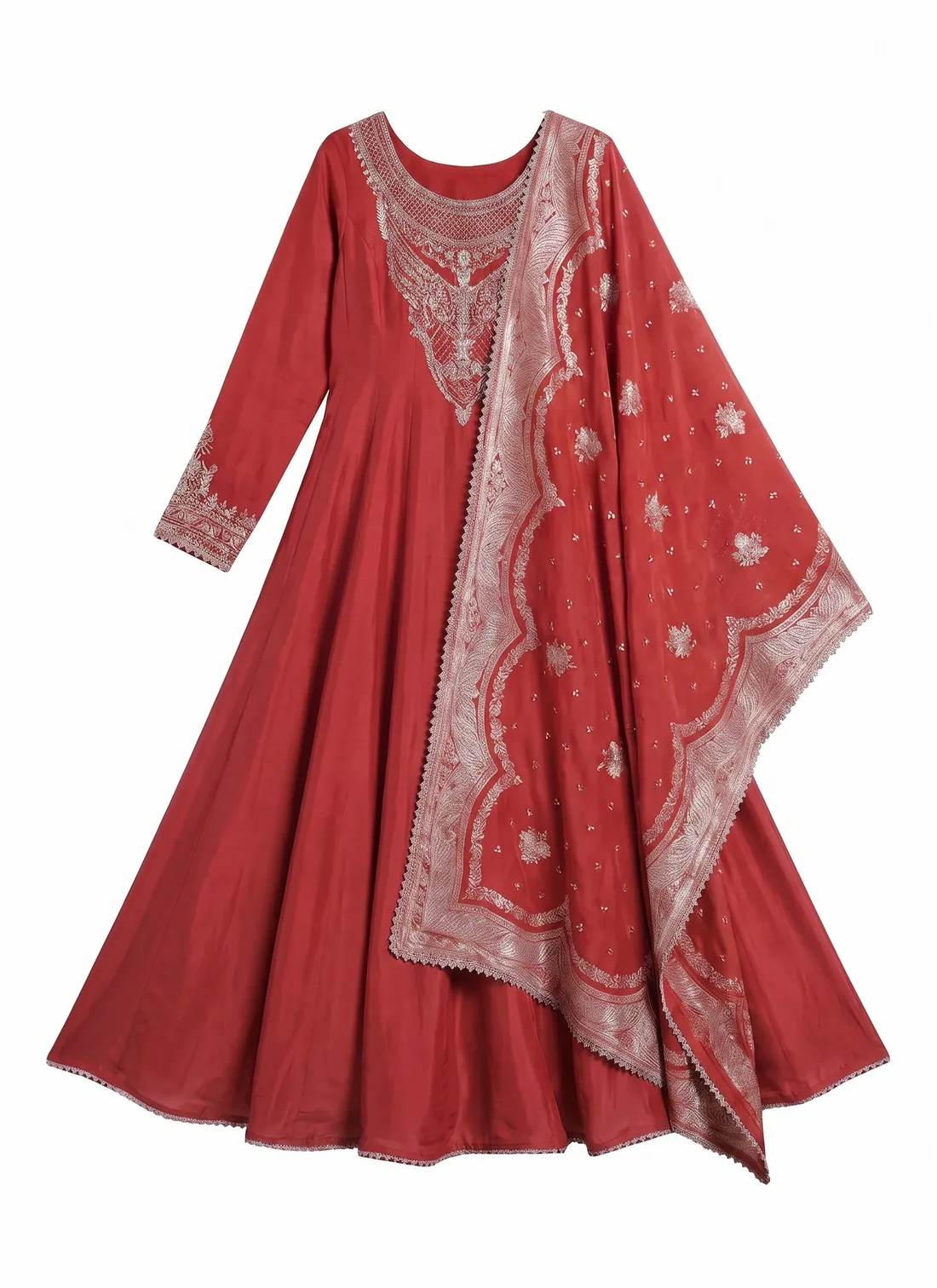 Photoroom output — anarkali dress recolored to red with the dupatta scallop border and neckline embroidery fully preserved but rendered in silver instead of gold