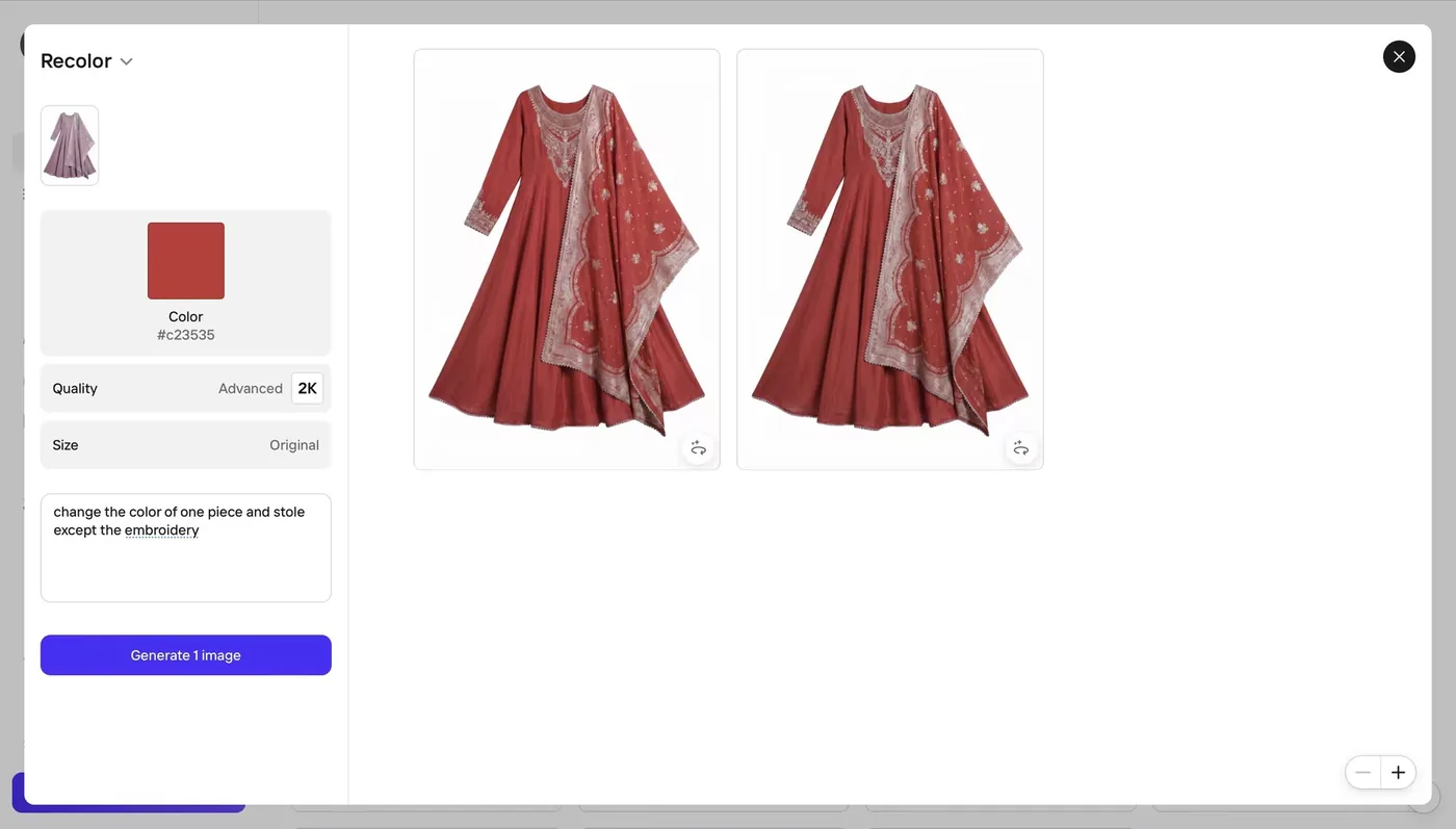 Photoroom Recolor panel — hex field set to #c23535, Quality set to Advanced 2K, Size Original, and a text instruction to change the one piece and stole except the embroidery