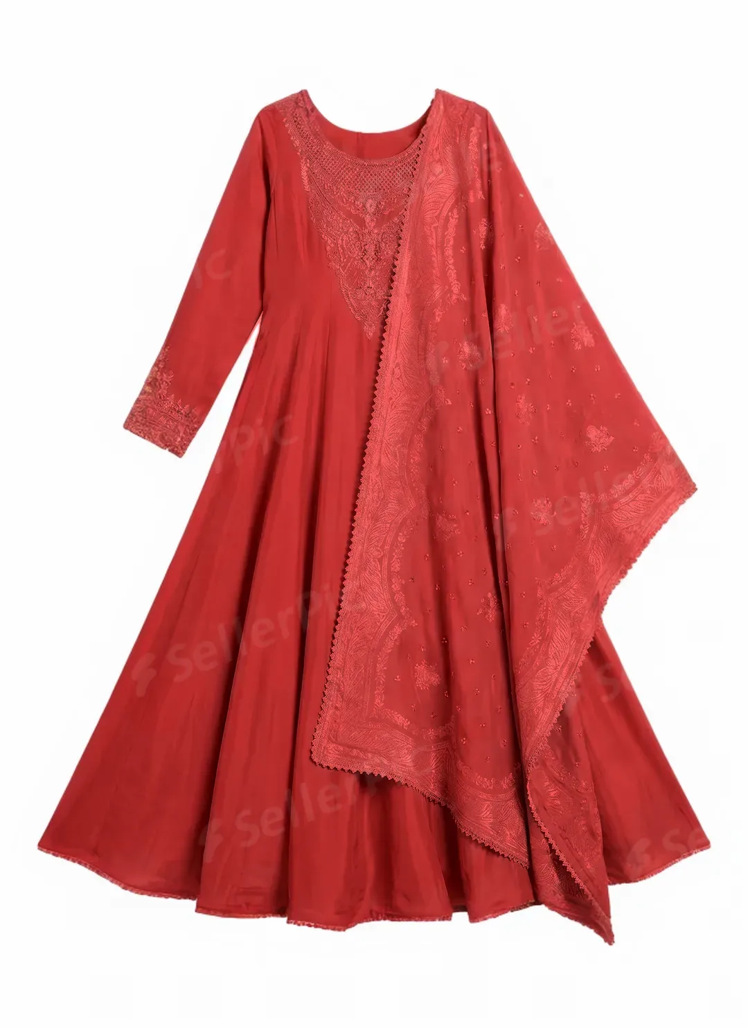 SellerPic output — the dress recolored to red with the dupatta pattern and neckline embroidery rendered in the same red as the base fabric, and a SellerPic watermark tiled across the whole image