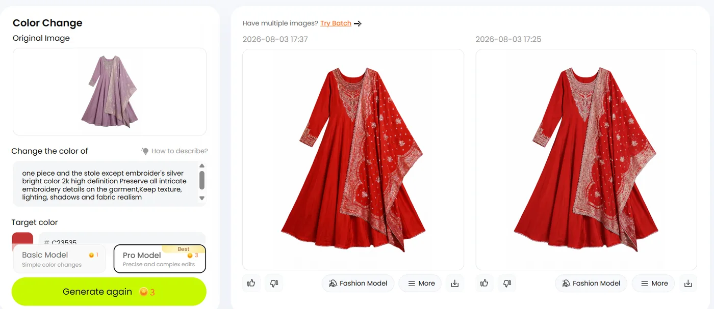 Snappyit AI Color Change interface — plain-English instruction field naming the garment pieces and the embroidery to preserve, target hex C23535 and a one-credit generation cost, and two generated red dress results side by side