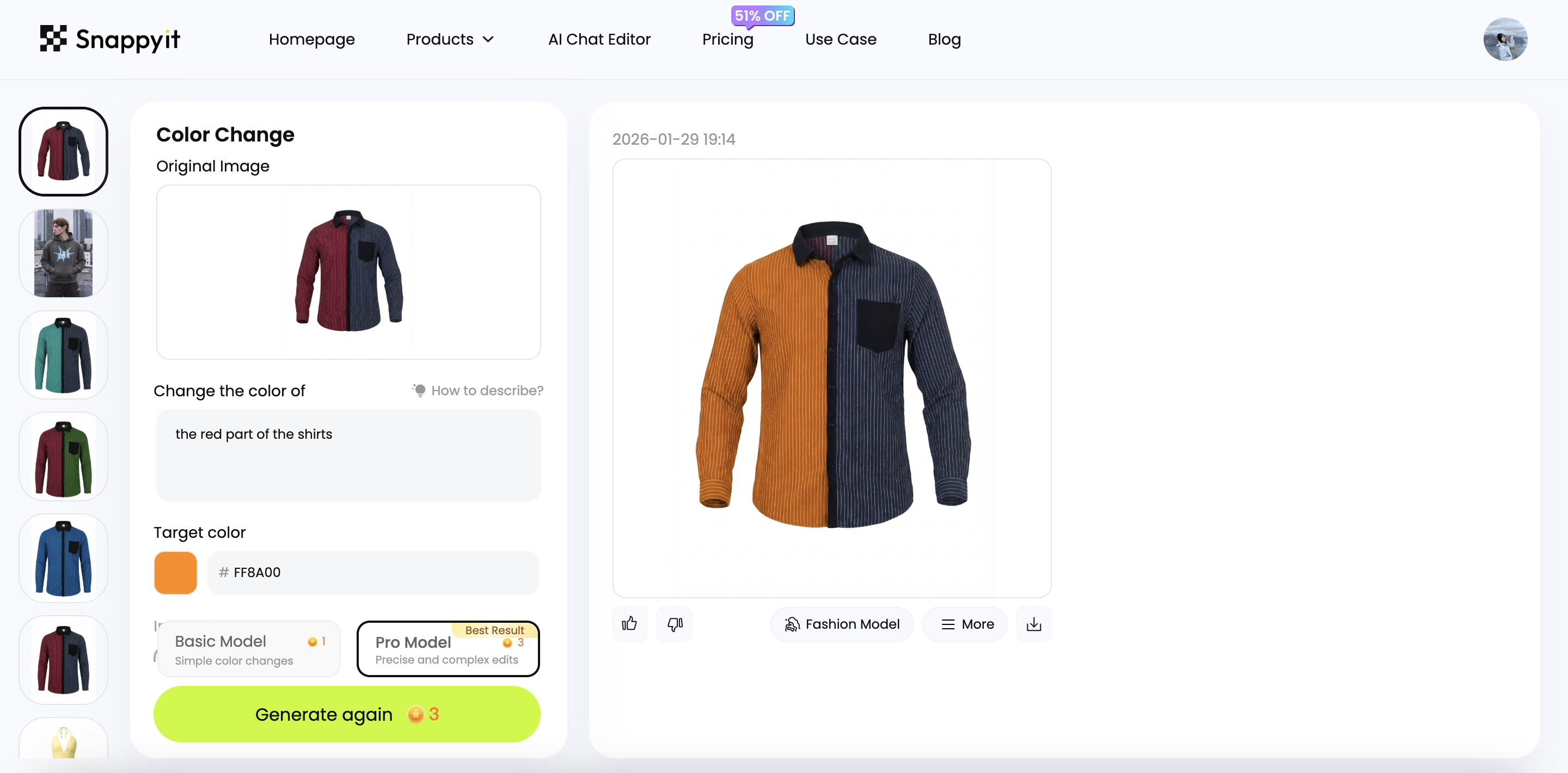 Snappyit AI Color Change interface — natural-language area description box, hex / named color picker, one-click product color change with photorealistic preview pane