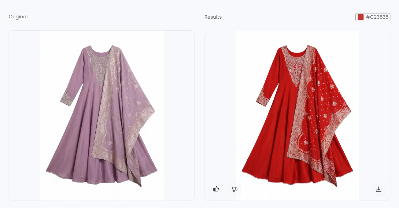 Snappyit before and after — lavender embroidered anarkali dress recolored toward hex C23535 red with gold embroidery and dupatta pattern preserved