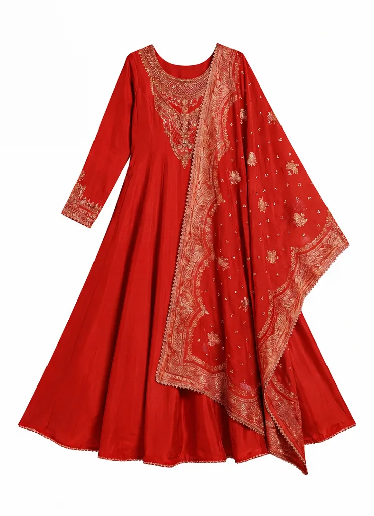 Full resolution Snappyit output — red embroidered anarkali dress downloaded from the free plan with no watermark, gold thread embroidery visible at full zoom