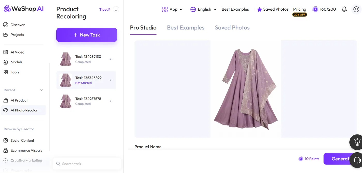 WeShop AI Product Recoloring workspace — task list with completed and not-started jobs, the uploaded lavender dress in Pro Studio, and a Generate button priced at 10 points with a 160 of 200 points balance