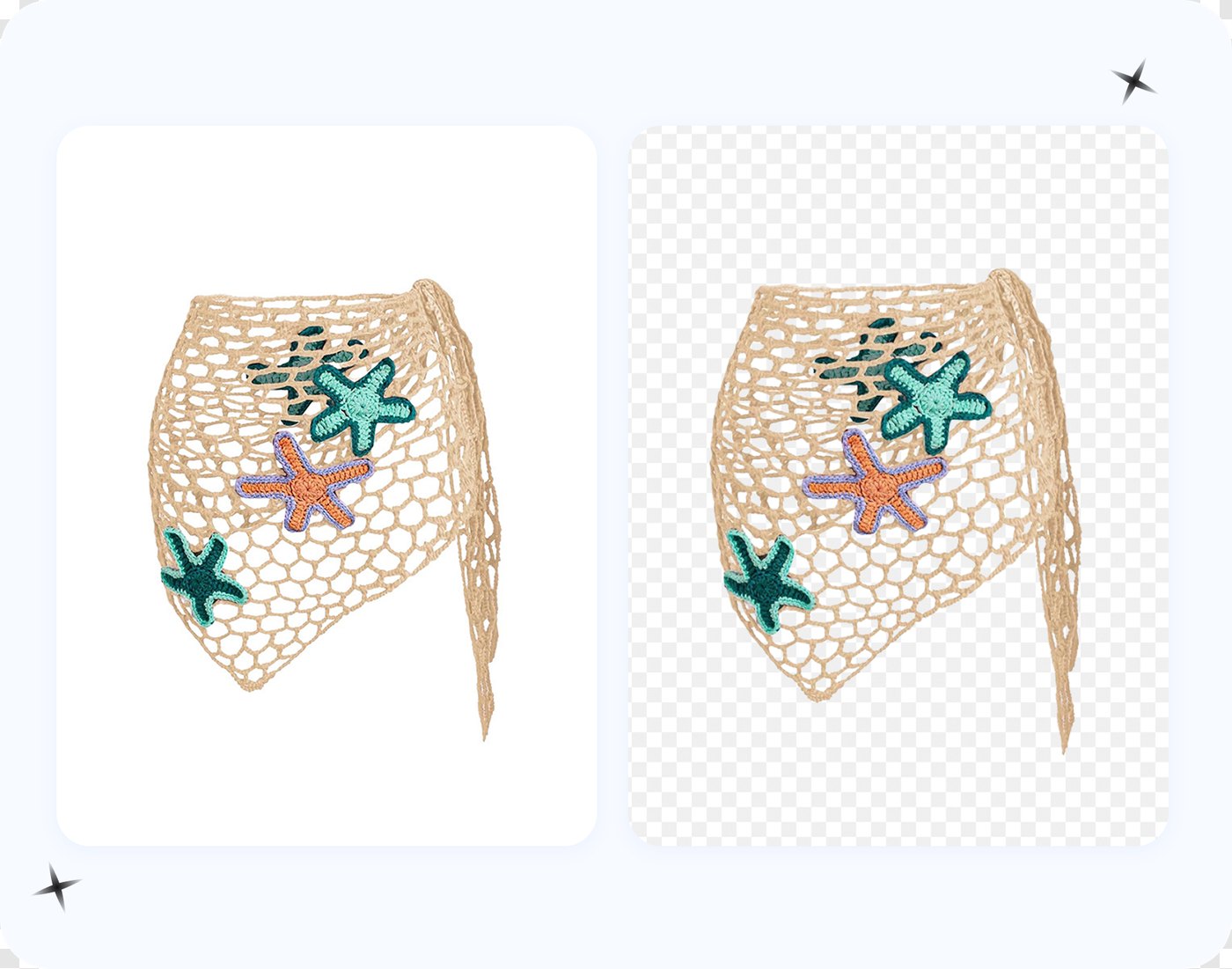 crochet mesh wrap cut out cleanly — the open weave where green/red brush refinement matters most