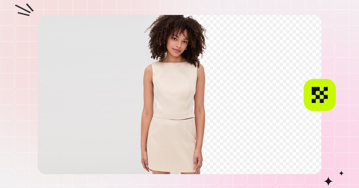 removing the background from a fringe-trim dress with a free background remover — original on white, transparent PNG on the right