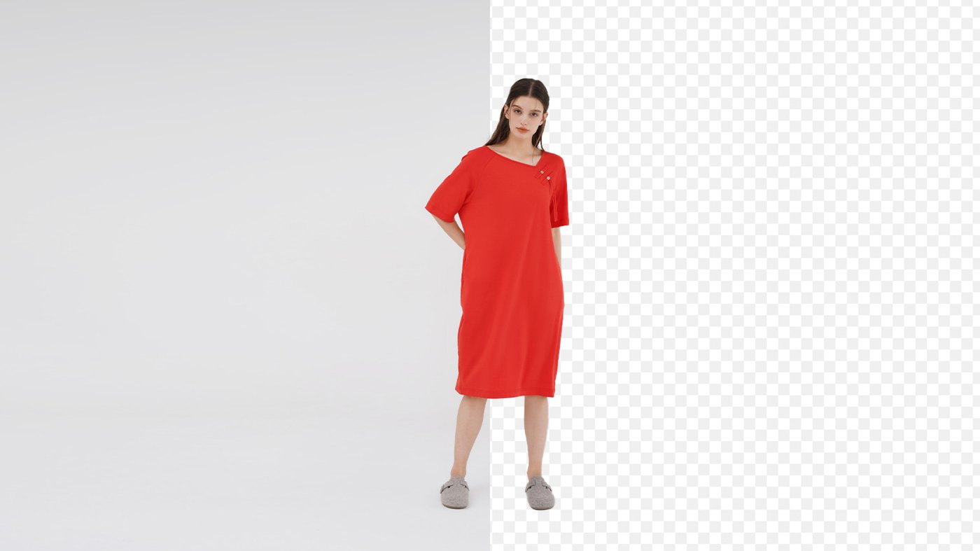same on-model dress exported two ways — pure white for Amazon on the left, transparent PNG for Shopify and Etsy on the right