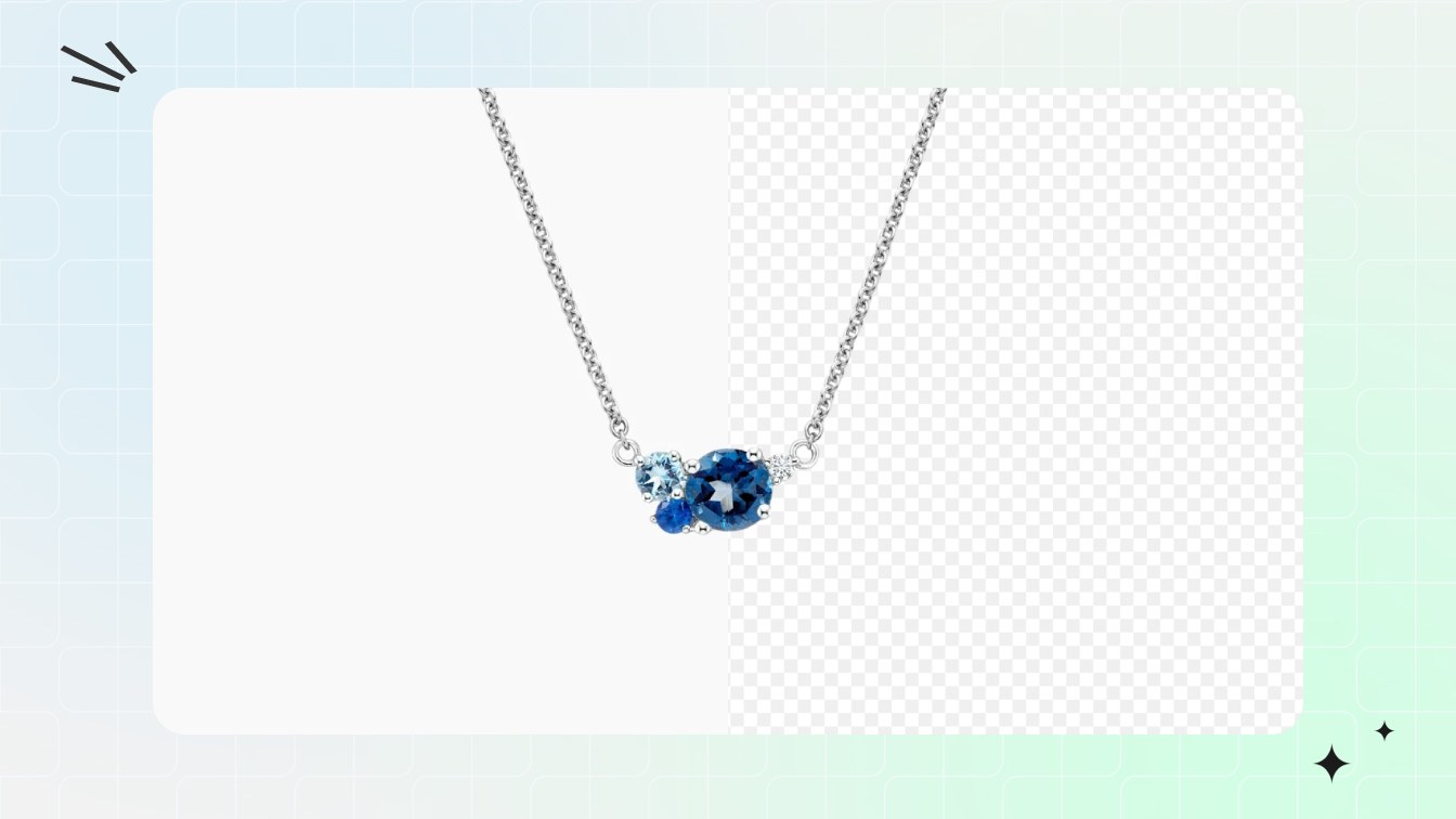 white-gold two-stone topaz necklace cut out cleanly — reflective metal, a fine chain, and faceted blue stones