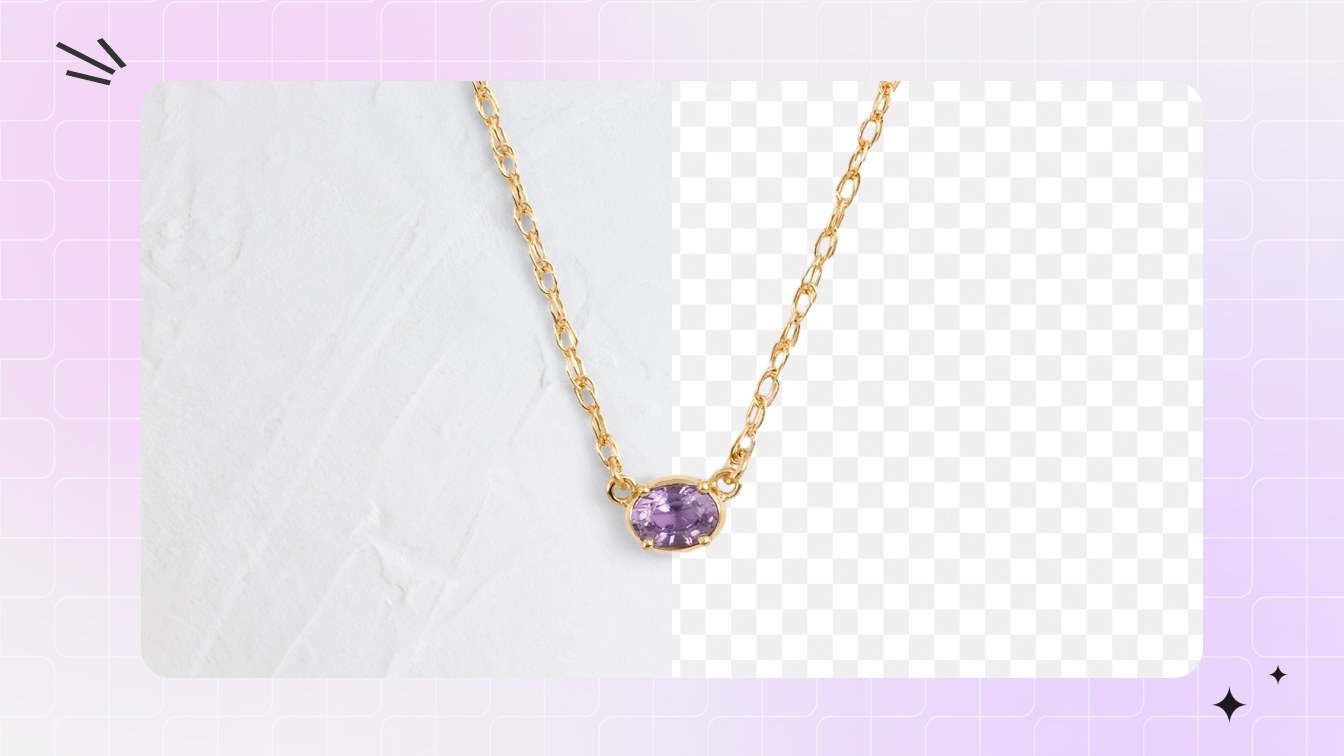 gold-chain necklace with an amethyst pendant cut out to a transparent PNG, shown on a checkerboard transparency pattern