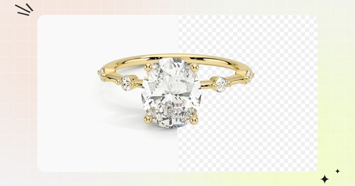 removing the background from a diamond solitaire ring — original on white on the left, clean transparent cutout on the right