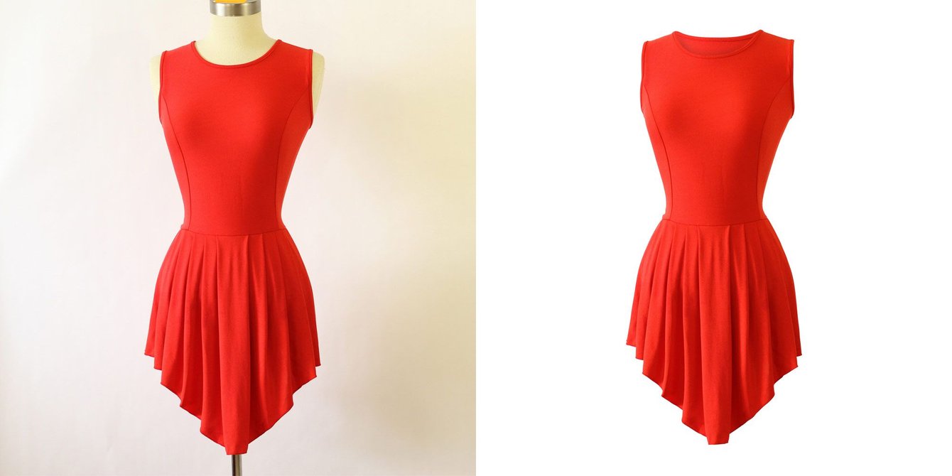 Before and after: a red dress photographed on a dress-form mannequin, then with the mannequin removed for a 3D worn-looking ghost result