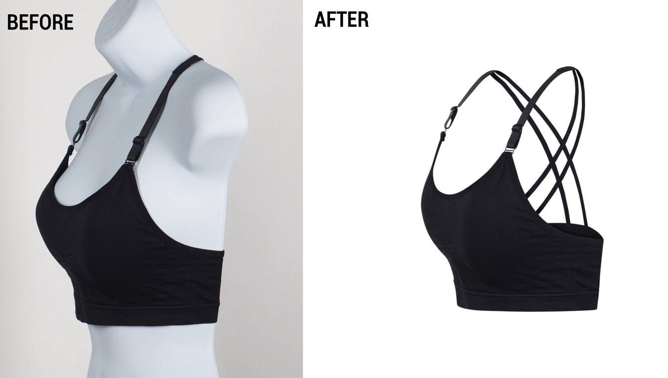 Before and after: a black sports bra photographed on a mannequin, then with the mannequin removed for a clean ghost-mannequin result