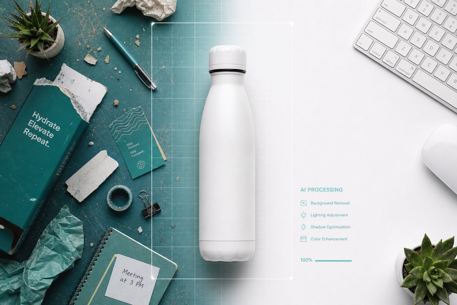 Side-by-side of a cluttered product photo and the same item cleanly isolated on a clean, marketplace-ready background