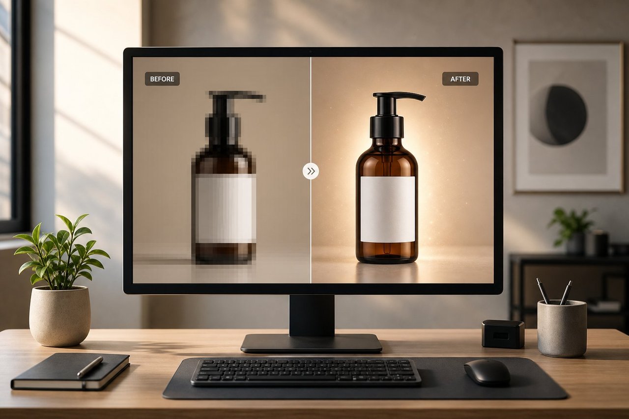 A small low-resolution product photo upscaled by AI into a sharp high-resolution image ready for marketplace listings