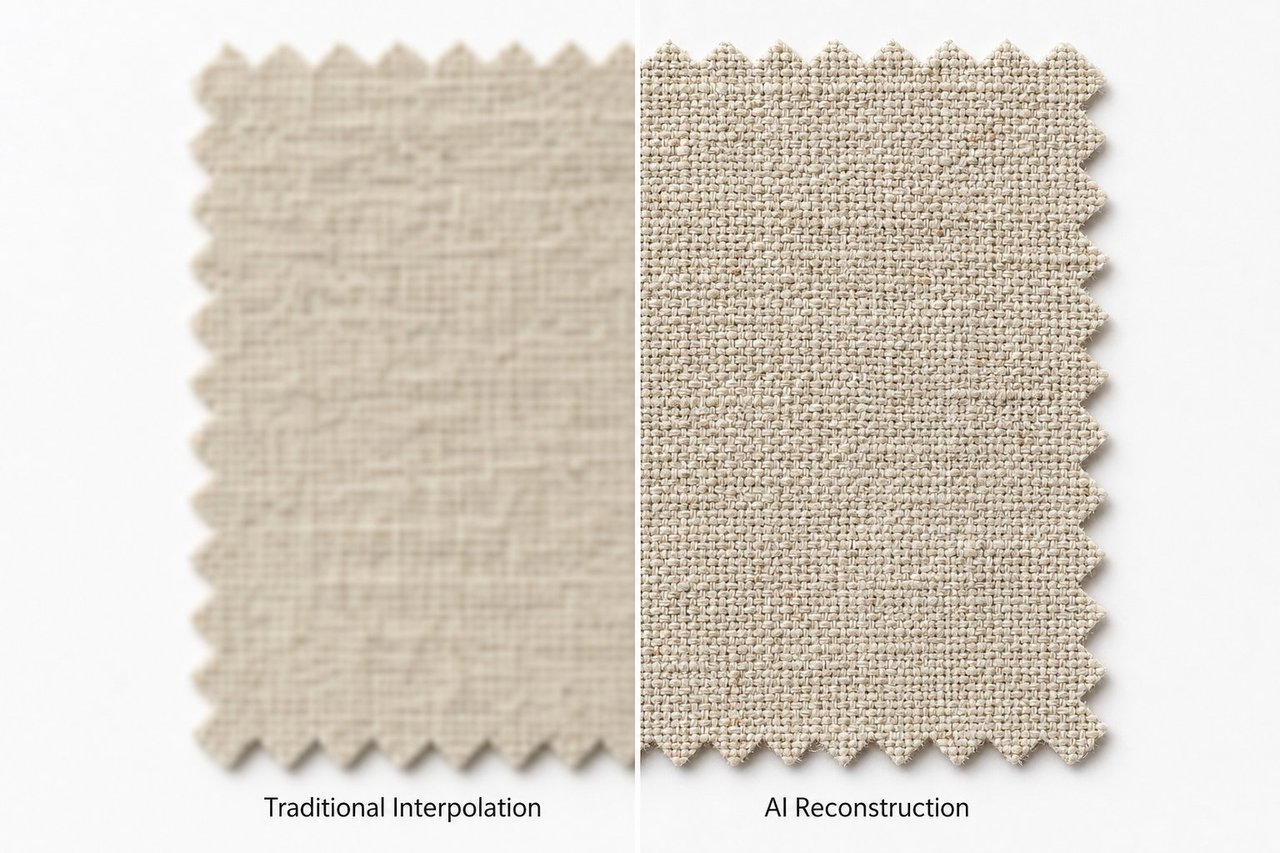 Traditional interpolation blurs product details while AI upscaling reconstructs realistic texture and sharpness