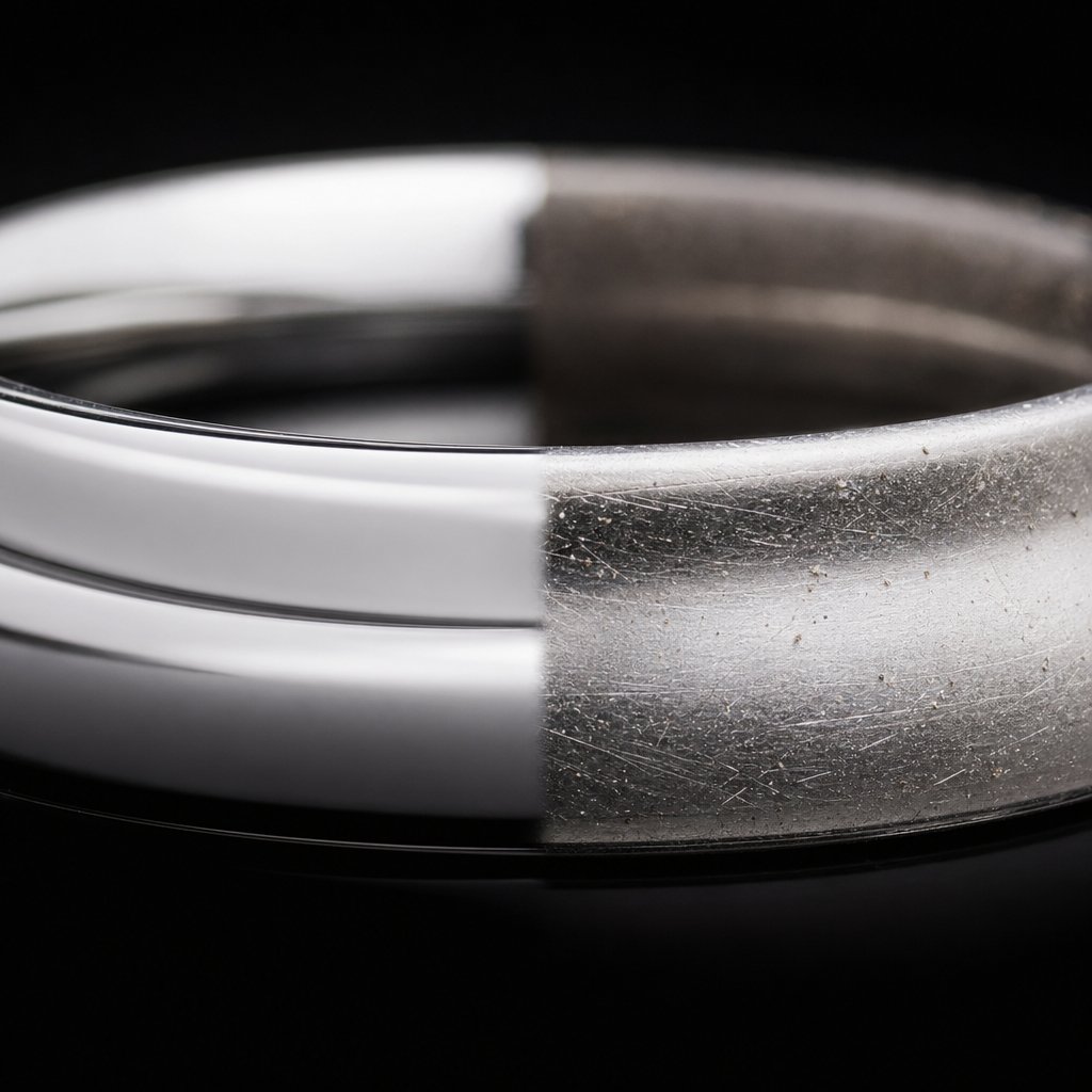 close up of a polished metal jewelry surface during the dust and scratch removal retouching phase
