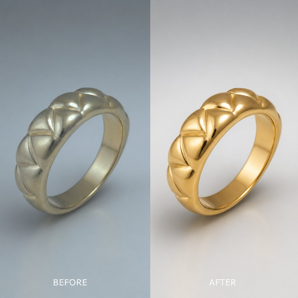 gold ring before and after raw processing showing accurate metal color correction and highlight recovery