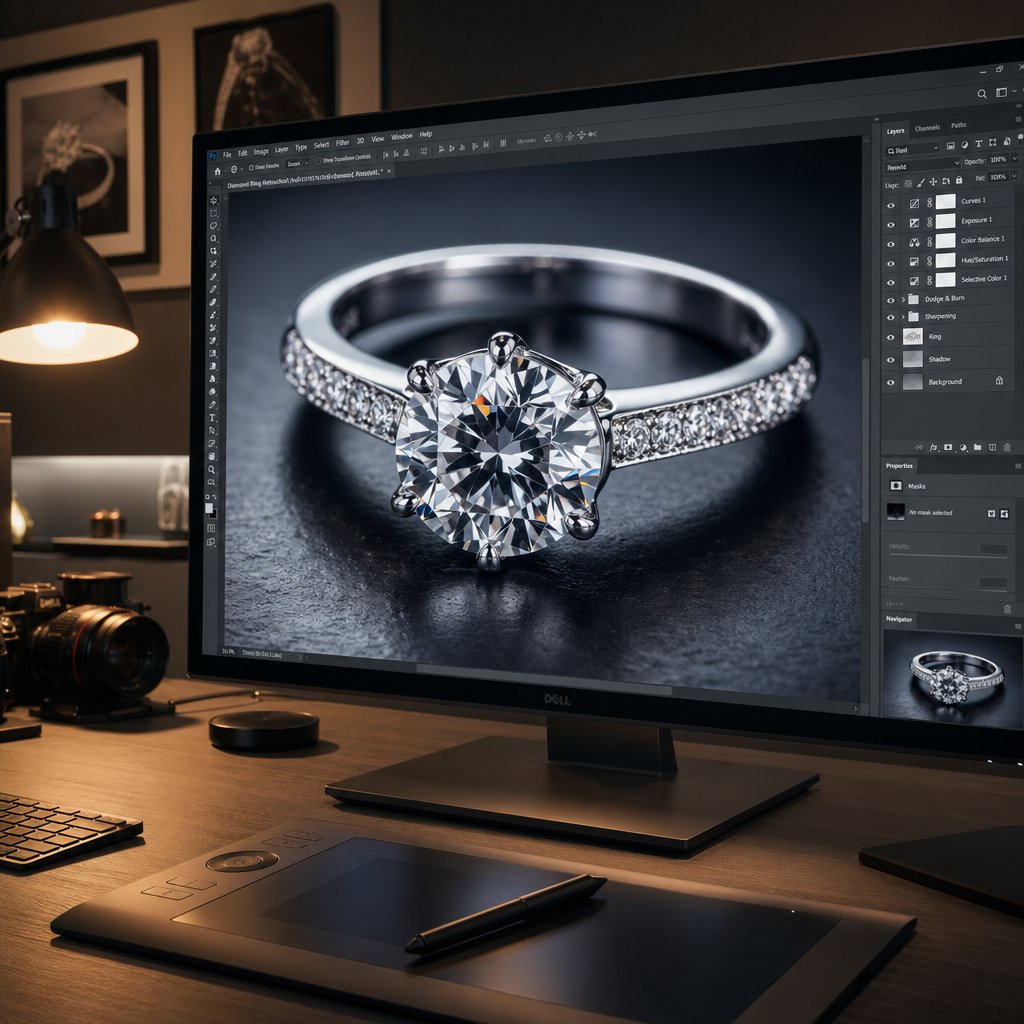 professional jewelry retouching workflow in photoshop showing a diamond ring being enhanced on a calibrated monitor