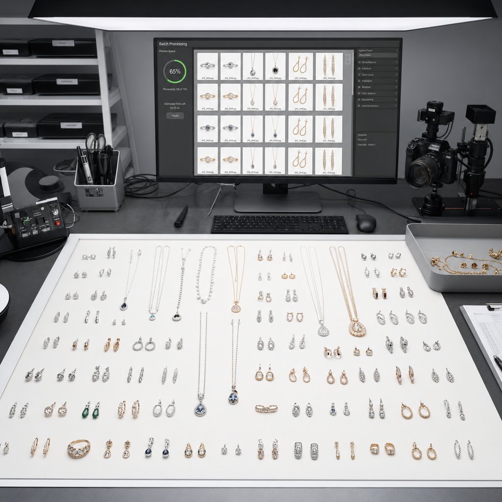 high volume jewelry retouching workflow setup for batch processing multiple product images efficiently