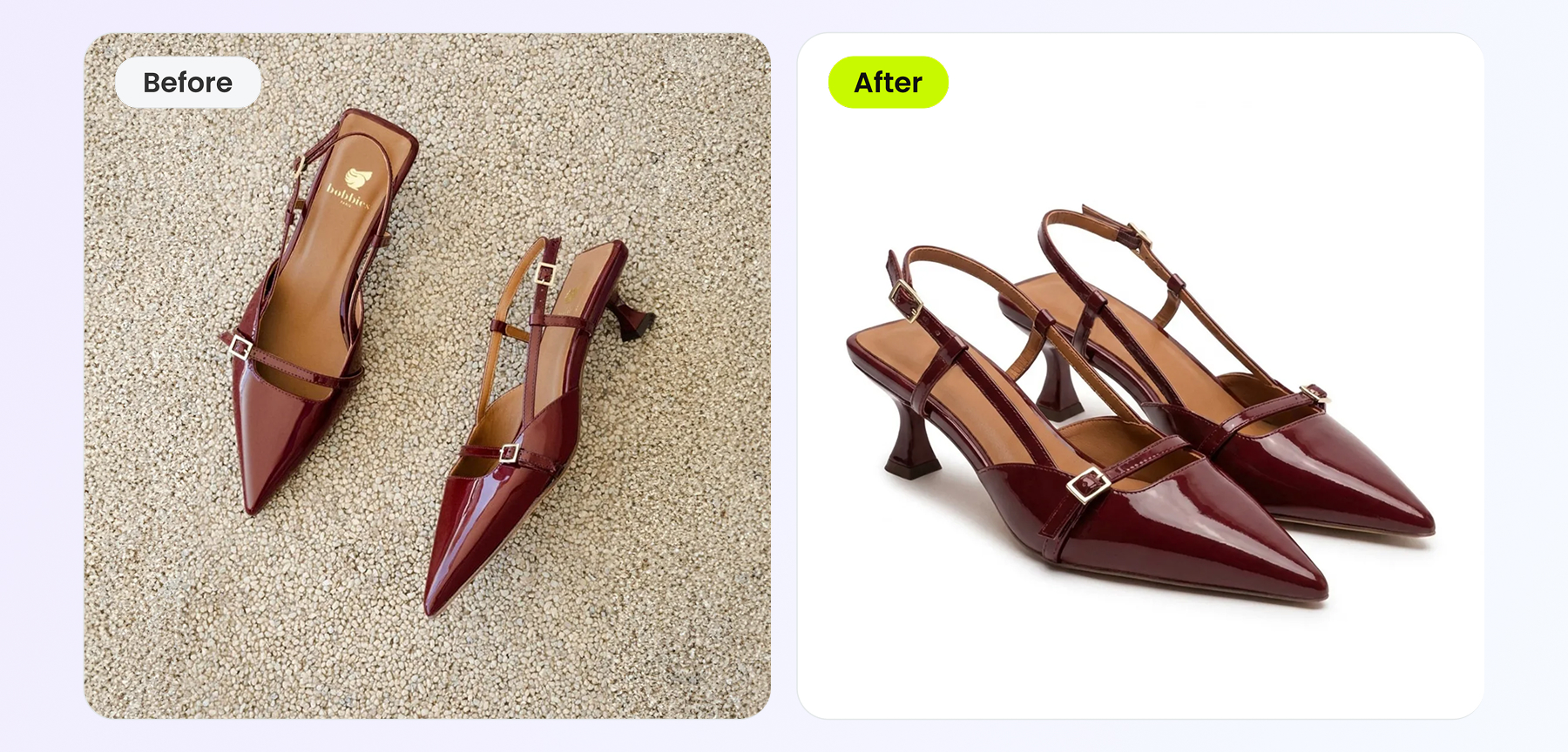 a burgundy slingback heel shot on the floor at home, transformed by AI into a clean white-background listing image — before and after