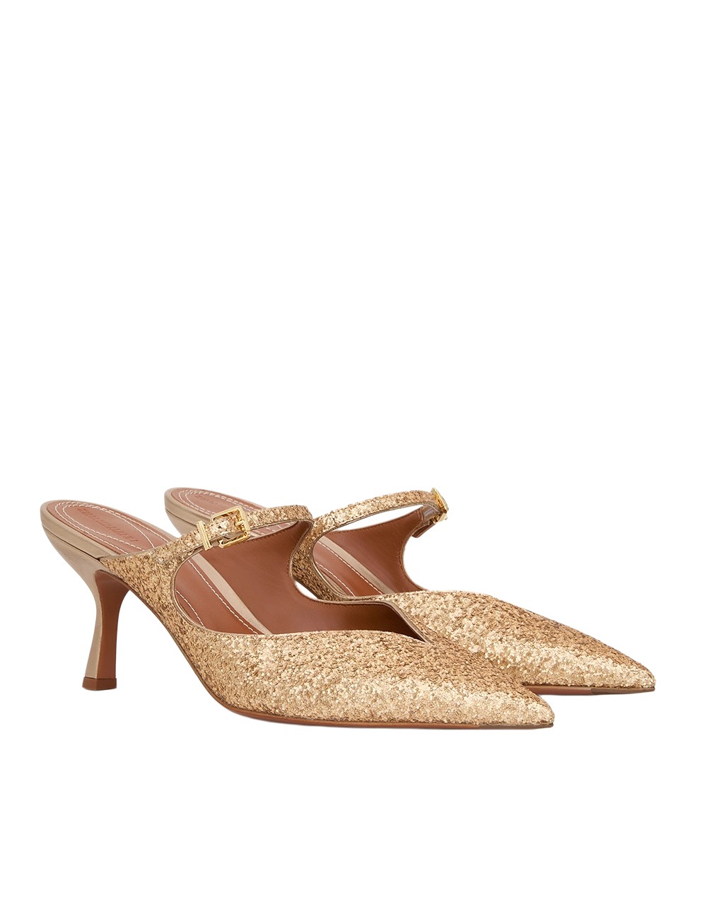 gold glitter heel mule photographed flat on a clean white background — the single product shot you upload