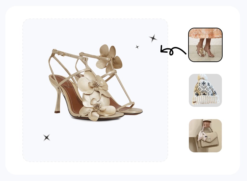 AI shoe photoshoot — one heeled sandal photo turned into a clean main listing image plus on-foot and angle variations, generated from a single source photo