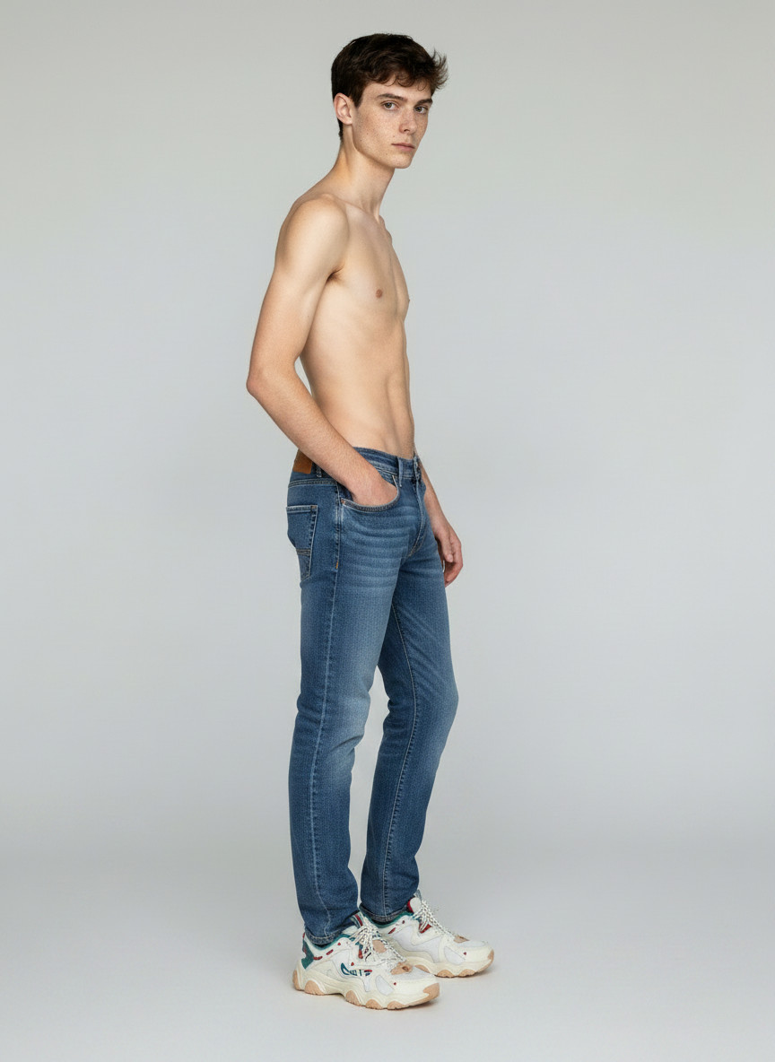 The FILA trainer on a full-length AI-generated model in a plain grey studio, the shoes small at the bottom of the frame